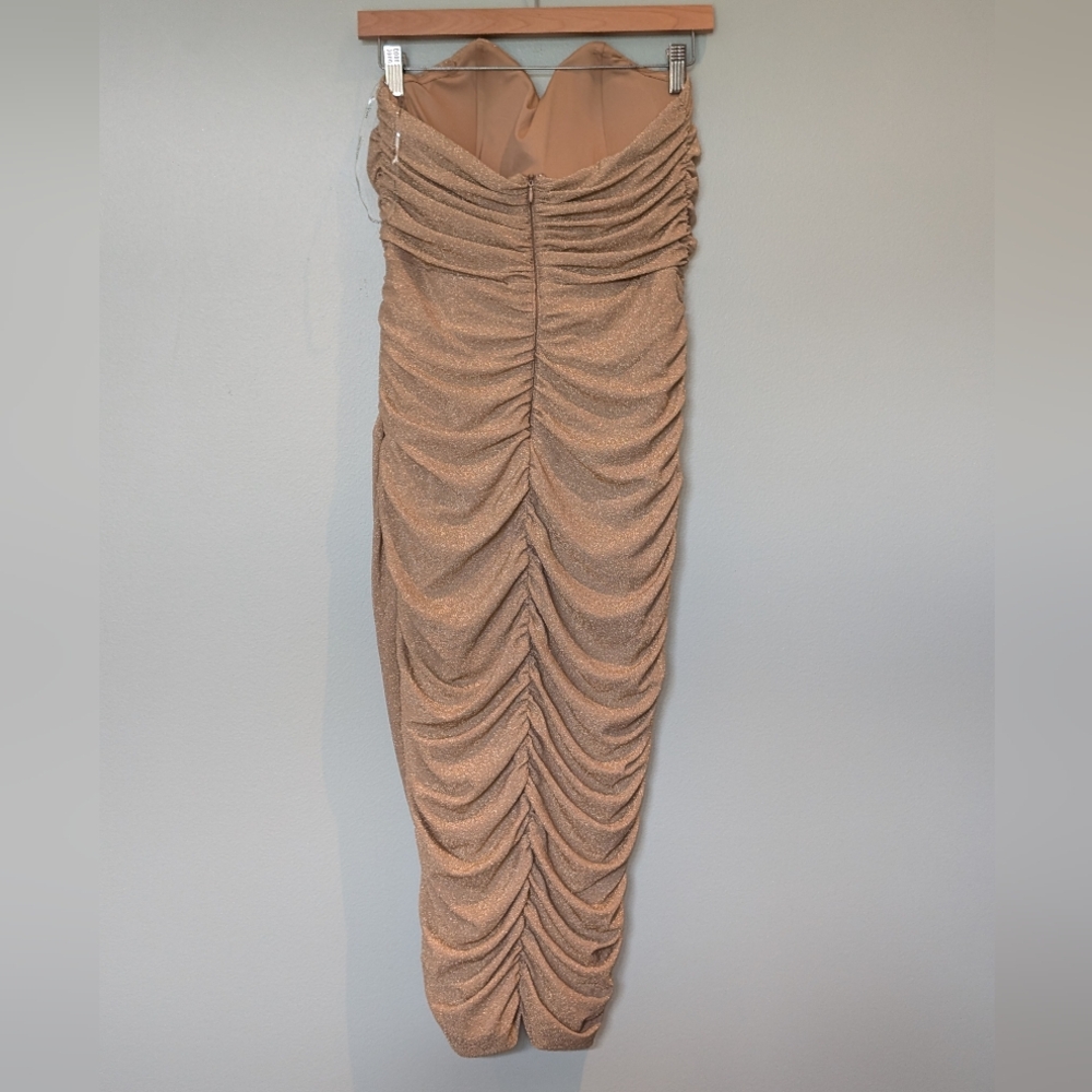 New! Rare London Drape Wrap Strapless Midi Pencil Dress in Gold Glitter - Picture 5 of 9